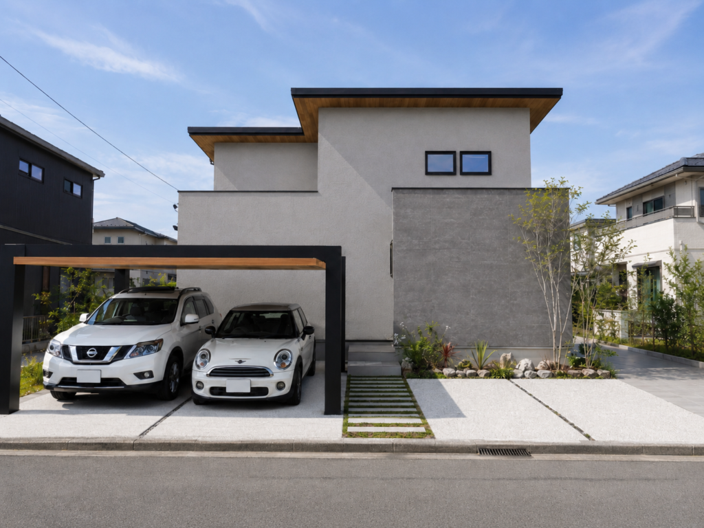 塗り壁の外壁と木目の軒天が特徴のモダンな2階建て住宅外観
