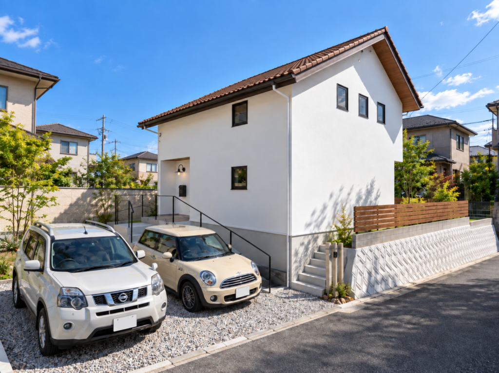 真っ白な漆喰外壁と洋風瓦屋根が特徴の住宅街に建つ2階建て住宅